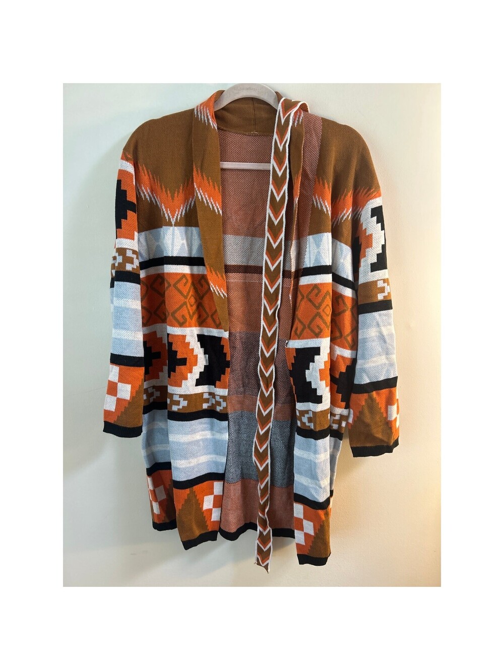 Womens S Aztec Southwestern Cardigan Sweater Belted Longline Boho Orange Brown